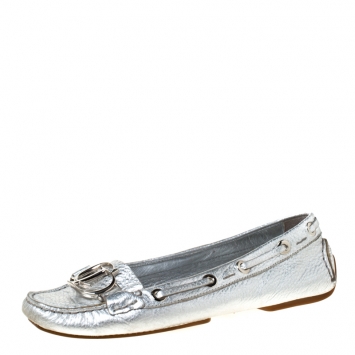 Pre Owned Christian Dior Metallic Silver Leather Logo Slip On Loafers Size 38