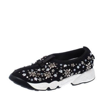 Pre Owned Dior Black Mesh Fusion Crystal Embellished Slip On Sneakers Size 36.5