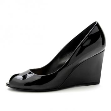 Pre Owned Christian Dior Black Patent Peep Toe Wedge Pumps Size 38