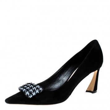 Pre Owned Dior Black Suede Houndstooth Buckle Pointed Toe Pumps Size 37.5