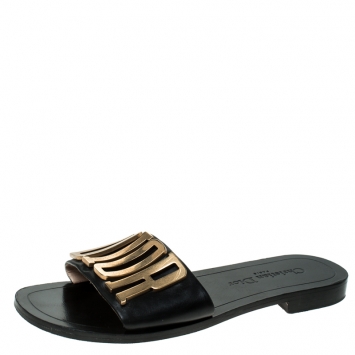 Pre Owned Dior Black Leather Logo Flat Sandals Size 37