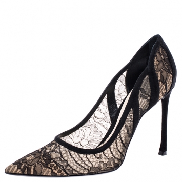 Pre Owned Dior Black Chantilly Lace And Suede Pointy Toe High Pumps Size 38.5