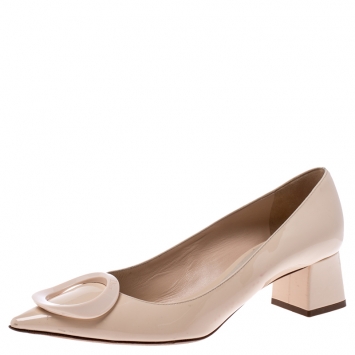 Pre Owned Dior Beige Patent Leather Logo Embellished Block Heel Pumps Size 39.5