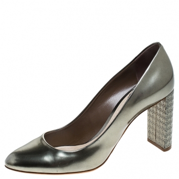 Pre Owned Dior Metallic Grey Patent Leather Cannage Heel Pumps Size 39