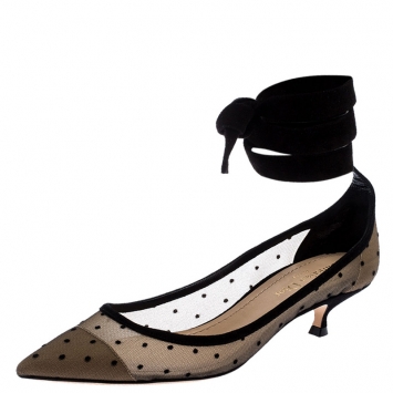 Pre Owned Dior Black Mesh And Suede Lovely D Polka Dot Ankle Wrap Pointed Toe Pumps Size 37
