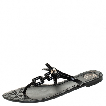 Pre Owned Dior Black Jelly Bow Thongs Flats Size 40