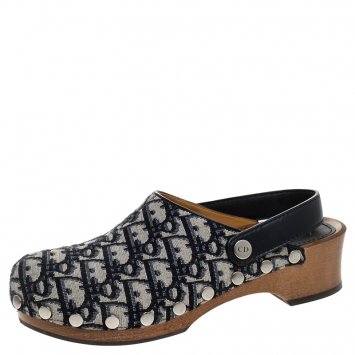 Pre Owned  Dior Beige/Blue Oblique Canvas Diorquake Slingback Clogs Size 38