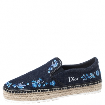 Pre Owned Dior Blue Floral Embroidery Denim Prairie Espadrille Loafers Size 38.5