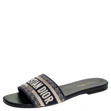 Pre Owned Dior Dark Blue Embroidered Canvas Dway Flat Slides Size 36.5