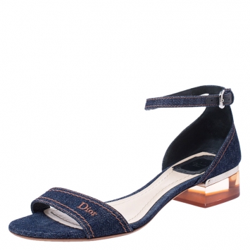 Pre Owned Dior Blue Denim Ankle Strap Block Heel Sandals Size 38.5