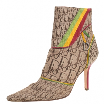 Pre Owned Dior Multicolor Monogram Canvas And Leather Piping Ankle Boots Size 36
