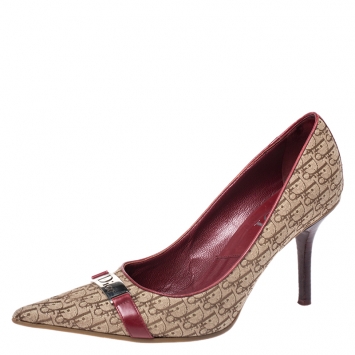 Pre Owned Dior Beige Logo Canvas and Leather Trim Pointed Toe Pumps Size 38