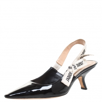 Pre Owned Dior Black Patent Leather And J'adior Canvas Ribbon Pointed Toe Slingback Sandals Size 37.5
