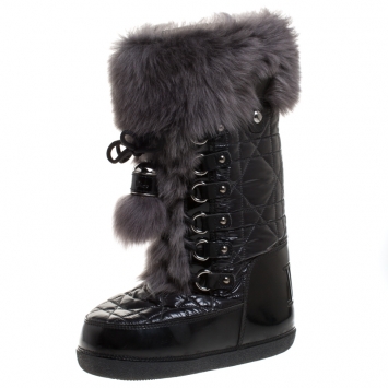 Pre Owned Dior Black/Grey Cannage Quilted Fabric, Rubber And Rabbit Fur Lace Up Snow Boots Size 38 - 40
