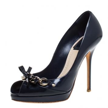 Pre Owned Dior Navy Blue Leather Bow Chain Detail Peep Toe Pumps Size 37.5