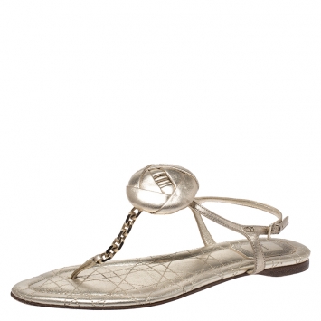 Pre Owned Dior Metallic Gold Leather Floral And Chain Detail Thong Sandals Size 39