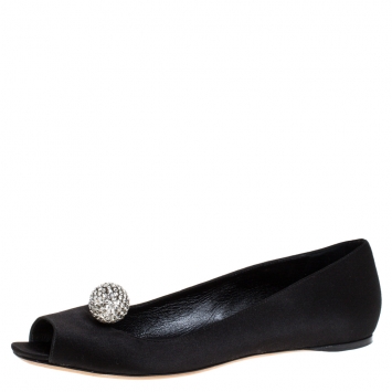 Pre Owned Dior Black Satin Crystal Embellished Peep Toe Ballet Flats Size 38