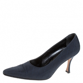 Pre Owned Vintage Dior Dark Blue Cannage Fabric Pointed Toe Pumps Size 38