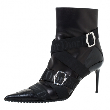 Pre Owned Dior Black Leather Elastic Logo Strap And Buckle Embellished Pointed Toe Ankle Boots Size 40