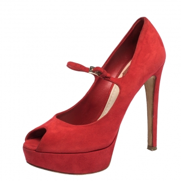 Pre Owned Christian Dior Red Suede Mary Jane Peep Toe Platform Pumps Size 38