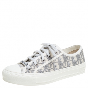 Pre Owned Dior Grey Embroidered Cotton Oblique Motif Walk'n'Dior Low Top Sneakers Size 38