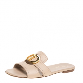 Pre Owned Dior Beige Leather 30 MONTAIGNE Flat Slide Sandals Size 35.5