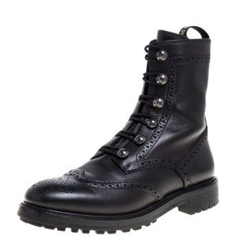 Pre Owned Dior Black Brogue Leather Diorunit Combat Mid Length Boots Size 36.5