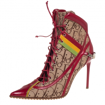 Pre Owned Dior Beige/Red Leather And Canvas Monogram Rasta Ankle Boots Size 36.5