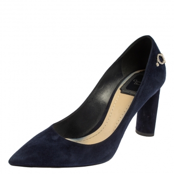 Pre Owned Christian Dior Navy Blue Suede CD Logo Chain Embellished Pointed Toe Pumps Size 37