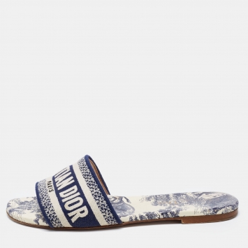 Pre Owned Dior Navy Blue/White Embroidered Canvas Dway Flat Slides Size 36.5