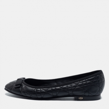 Pre Owned Dior Black Quilted Cannage Leather Bow Ballet Flats Size 40