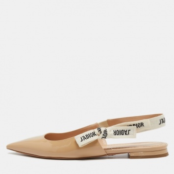 Pre Owned Dior Beige Patent Leather J'adior Slingback Flats Size 38