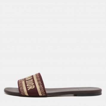 Pre Owned Dior Burgundy Embroidered Canvas Dway Flat Slides Size 40.5