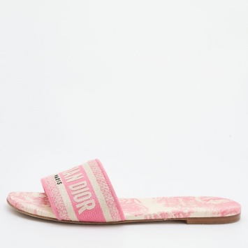 Pre Owned Dior Pink/White Embroidered Canvas Dway Flat Slides Size 38