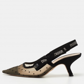 Pre Owned Dior Black Polka Dot Mesh and Suede J'adior Slingback Pumps Size 37.5
