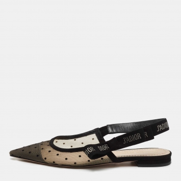 Pre Owned Dior Black Polka Dot Mesh and Crystal Embellished Suede J'adior Slingback Flats Size 38