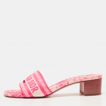 Pre Owned Dior Pink Canvas Dway Block Heel Slide Sandals Size 38