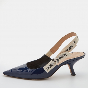 Pre Owned Dior Navy Blue Patent Leather J'adior Pointed Toe Slingback Pumps Size 38