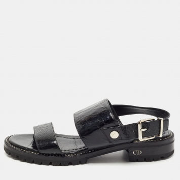 Pre Owned Christian Dior Black Texture Leather Slingback Sandals Size 38
