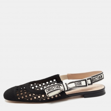 Pre Owned Dior Black Cannage Embroidered Fabric Moi Slingback Flats Size 37.5