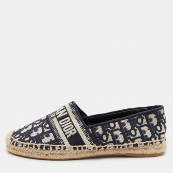 Pre Owned Dior Dark Blue/Beige Oblique Embroidered Canvas Granville Espadrille Flats Size 39