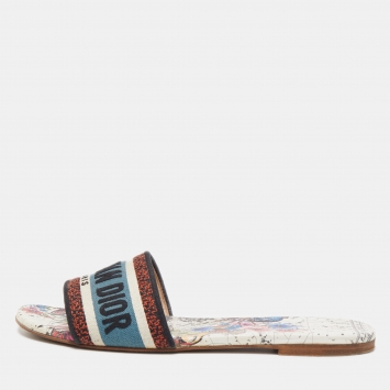 Pre Owned Dior Tricolor Logo Embroidered Canvas Dway Flat Slides Size 38.5