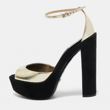 Pre Owned Dior Black/Gold Suede and Leather Ankle Strap Sandals Size 36