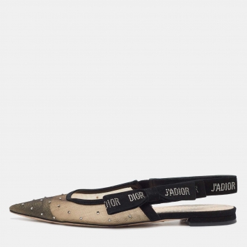 Dior Beige/Black Mesh and Suede J'Adior Slingback Flats Size 38