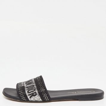 Pre Owned Dior Black/Silver Canvas Crystal Embellished Dway Flat Slides Size 37