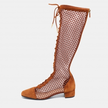 Pre Owned Christian Dior Brown Suede and Mesh Accents Knee Boots Size 40.5