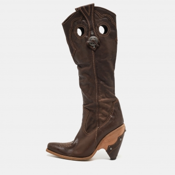 Pre Owned Dior Brown Leather Knee Length Cowboy Boots Size 39.5