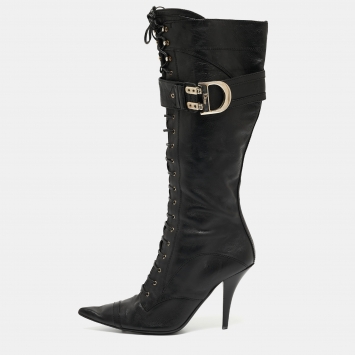 Pre Owned Dior Black Leather Lace Up Knee Length Boots Size 39