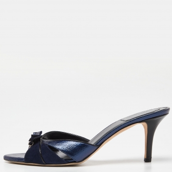 Pre Owned Dior Two Tone Blue Leather and Suede Bow Slide Sandals Size 39