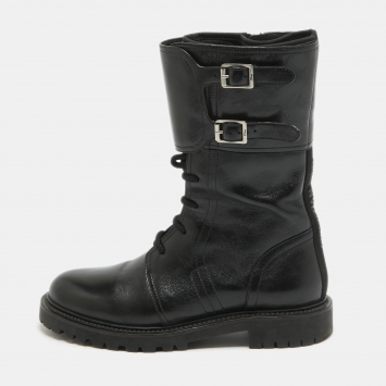 Pre Owned Dior Black Leather Buckle Detail Combat Boots Size 38